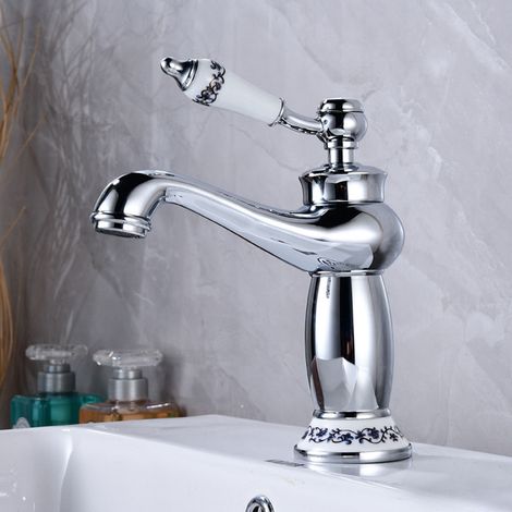 Robinet mitigeur en céramique et laiton antique, à poignée unique, en porcelaine bleue et blanche, col long, durable, pour évier de maison (1/5)