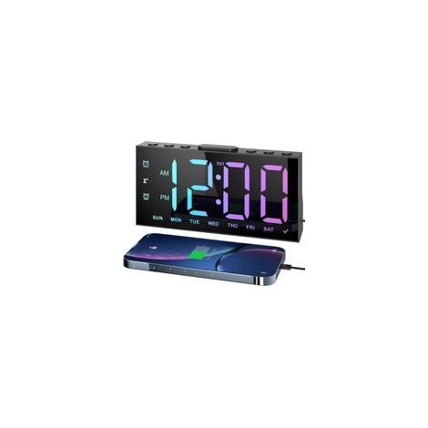 Noir,Réveil Numérique, Reveil Ado avec 4 Couleurs Dégradées et 4 Couleurs Fixes, 4 Modes D'alarme, 2 Alarmes, Réglage de La Luminosité, Snooze, 12/24 H, Port USB (1/5)