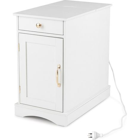 COSTWAY End Table with Charging Station Narrow Nightstand Bedside Table White