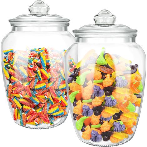 Lot de 2 bocaux à bonbons et biscuits en verre de 2 097,9 g avec couvercles hermétiques, bocaux décoratifs pour apothicaire, conteneurs à bonbons pour comptoir de cuisine, boîte de rangement (1/5)