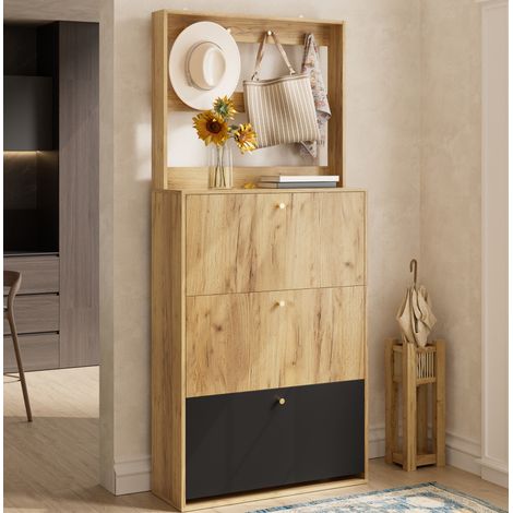 Schuhschrank 75x24x180 cm Schwarz/Natur in Spanplatte mit Haken und 3 klappbaren Fächern (1/5)