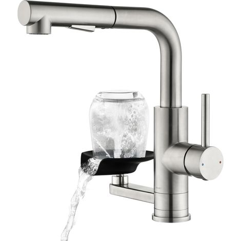 Robinet de Cuisine Lave-Verres, Robinet Cuisine 360° Rotatif Extensible, Miscelateur Monomandrin Double jet, Acier inoxydable 304 brossé, Pour évier Cuisine (1/5)