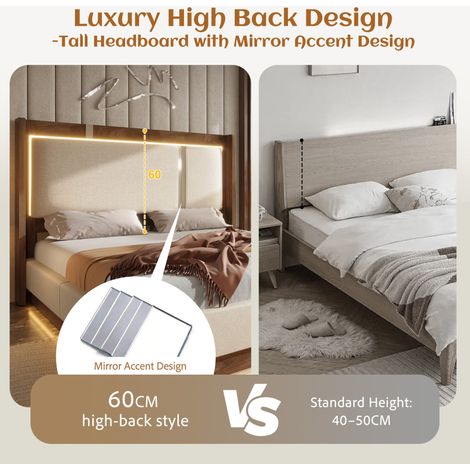 Polsterbett 140x200 cm Leinen Beige/Nussbaum mit LED und Stauraum, ohne Matratze – MEUBLIV (1/5)