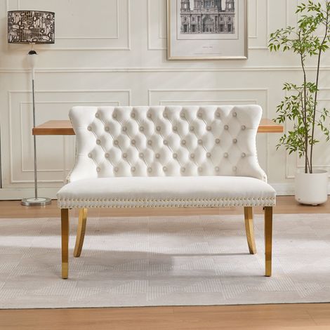 Banquette double en velours pour salle à manger, assise 2 places capitonnée avec boutons faits main, dossier enveloppant, pieds en acier doré, style Mid-Century moderne, beige (1/5)