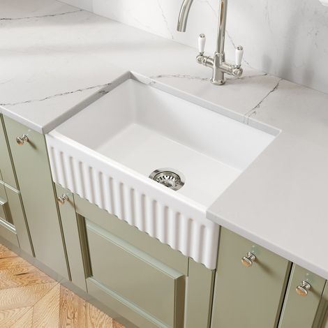605 x 405mm Fluted Ceramic Belfast Kitchen Sink Single Bowl & Chrome Waste (1/5)