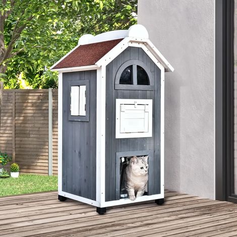 Maison pour Chat 2 Étagères, Multifonction (Lit ou Litière) – En Bois de Sapin, Toit en Asphalte, Balcon & Hamac – Gris, 59x55x109 cm – Pour Intérieur et Extérieur (1/5)