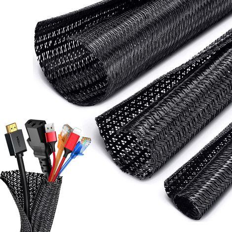 Gaine tressée pour câbles 3 mètres, Ø12-20mm extensible et réglable, protection flexible pour fils auto/TV/PC, range-câbles fendus avec manchon tressé, gestion et habillage des câbles informatiques. (1/5)