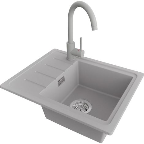 PRIMAGRAN Evier Cuisine en Granit 55x44cm,Lavabo 1 bac + Robinet 32x20cm + Kit de Vidage, Évier à Encastrer au meuble 45cm - Copenhague Easy, Gris (1/5)