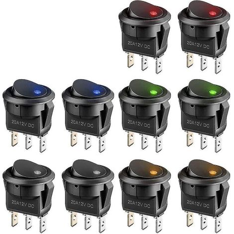 12V Kfz-Schalter mit LED-Anzeige, Mini-Ein/Aus-Wippschalter 12V DC 20A, runder Druckknopf für Auto, Boot, Haushalt, 10er-Pack.