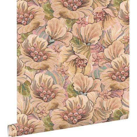 papier peint motif floral brodé marron, beige et vieux rose - ESTAhome (1/5)