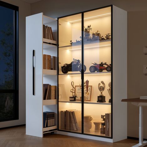 Armoire multifonction 110,5 x 35 x 160cm vitrine porte vitrée LED extension latérale à roulettes style français bibliothèque salle