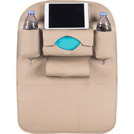 Sac à dos de chaise de voiture, multi-poches, gain de place, protection en cuir PU, organisateur de siège pour tasse d'eau, livre, mouchoirs, Beige (version normale) (1/5)