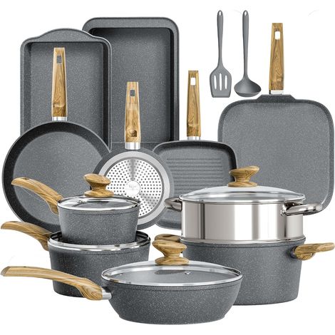 Set of 17 Non-Stick Induction Saucepan and Frying Pan, Cookware, Pancake Pan, PFA-Free, PFOA-Free Glass Lids (1/5)