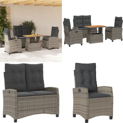 4-tlg. Garten-Essgruppe mit Kissen Grau Poly Rattan - Gartentisch - Relaxsessel (1/5)