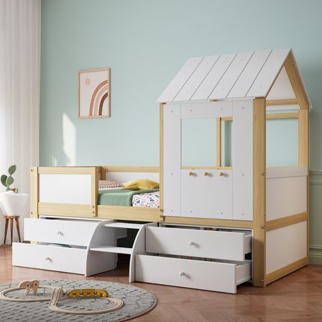 Lit enfant , lit mi-hauteur cabane toit/fenêtre - 4 tiroirs, escalier - 90x200cm - Blanc/naturel - Pin et MDF (sans Matelas) (1/5)