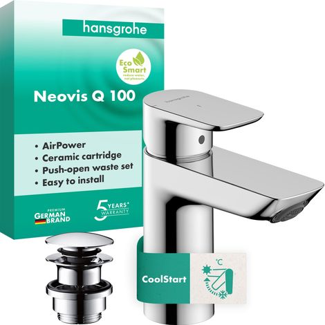 Mitigeur de lavabo avec bonde push-open en métal, robinet de salle de bain avec bec Hauteur 96 mm, Mitigeur économe en eau (1/5)