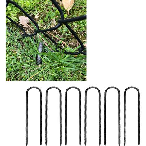 Lot de 6 piquets d'ancrage en acier (forme en U) pour tentes, trampolines, auvents de camping et balançoires, 30 cm (12 pouces), noirs. (1/5)