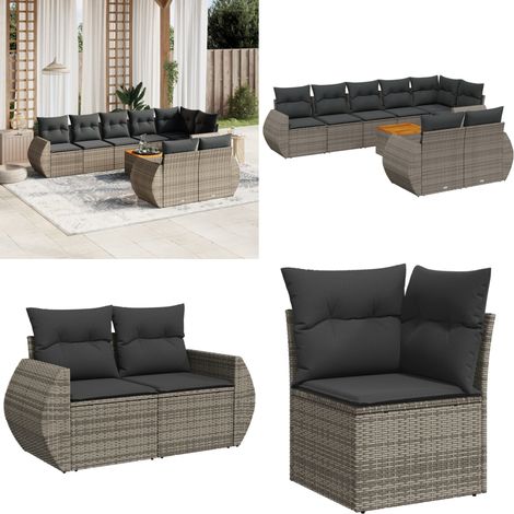 9-tlg. Garten-Sofagarnitur mit Kissen Grau Poly Rattan - Gartensorte - Gartenmöbelset - Esstischgarnitur - Outdoor Möbel - Lounge Set - Home & Living (1/5)