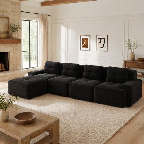 Sofá modular 4 plazas sin montaje de pana negro OKMYHOME (1/5)