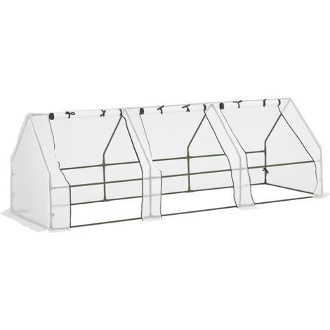 Mini-Gartengewächshaus, Tunnelgewächshaus, 270 x 90 x 90 cm (L x B x H), Spitzdach, Stahl, hochdichtes PE (140 g/m²), UV-beständig, 3 Fenster mit aufrollbaren Reißverschlüssen, Weiß