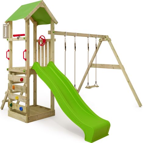 Fatmoose Spielturm Klettergerüst KiwiKey mit Schaukel & Rutsche, Kletterturm mit Sandkasten, Leiter & Spiel-Zubehör - apfelgrün