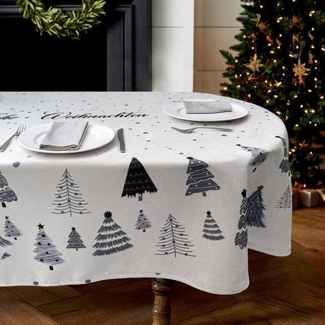 Weihnachtstischdecke Oval 140x180 cm, wasserabweisend, abwaschbar, Tannenbaum-Design