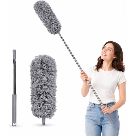 Plumeau Poussiere, Microfibre électrostatique, Plumeau Telescopique, Manche inox Extensible, Balai Télescopique, Tête Fibres Douces, pour Maison Nettoyage, Gris (1/5)