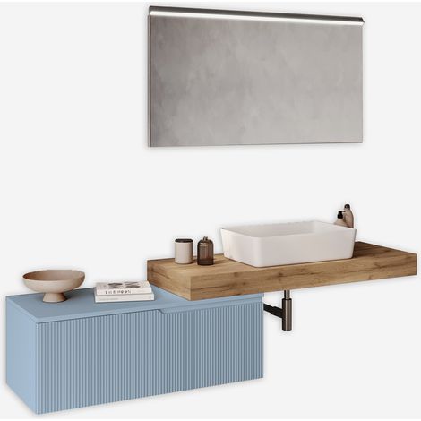 Mobile bagno sospeso con specchio LED e lavabo base rovere Venere - Azzurro