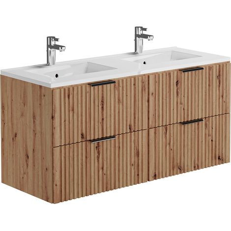 Mobile per bagno sospeso con scanalature e lavabo da incasso 120 cm Naturale chiaro - ZEVARA