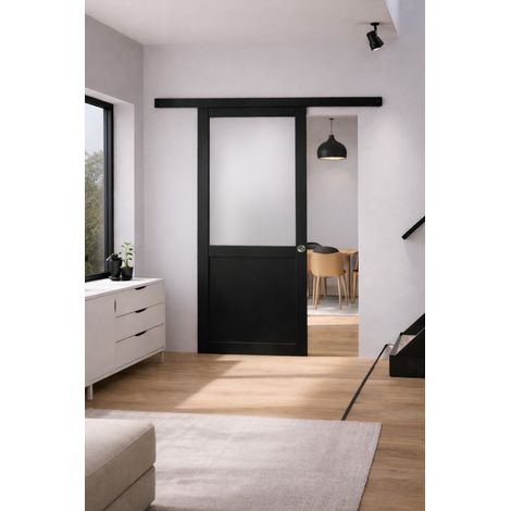 Porta Scorrevole Athena Nera H204 x L83 + Binario in Alluminio Nero e 2 Gusci