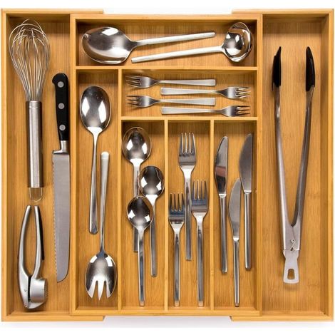 Range-couverts 43 (profondeur 43 cm) en bambou – Système de rangement de tiroirs pour la cuisine – Range-couverts pour tiroirs en bambou – Extensible – Organiseur de cuisine… (1/5)