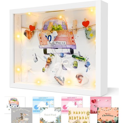 Boîte à bijoux personnalisée avec cadre photo 3D, cadre profond avec éclairage et plexiglas, idéale pour un mariage, un baptême, un voyage, un anniversaire ou comme cadeau d'argent. (1/5)