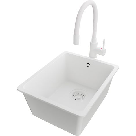 PRIMAGRAN Evier Cuisine en Granit 36x44cm,Lavabo 1 bac + Robinet 38x14cm + Kit de Vidage, Évier à Encastrer au meuble 40cm - Venise Slim Easy, Tout Blanc (1/5)