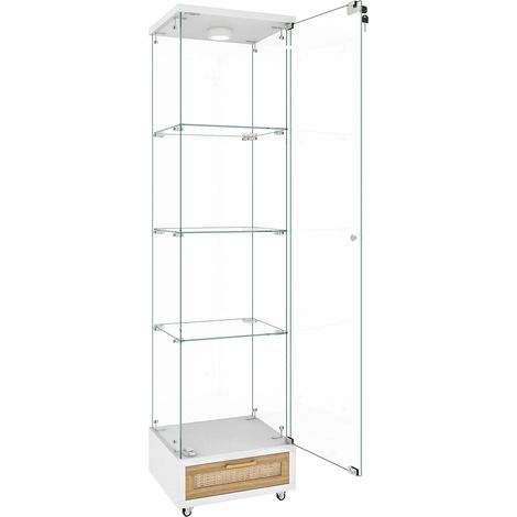 Vitrine en verre trempé moderne avec LED, 1 porte et 4 étagères, rôles avec frein, blanche, H167 x L42,5 x P36,5 cm (1/5)