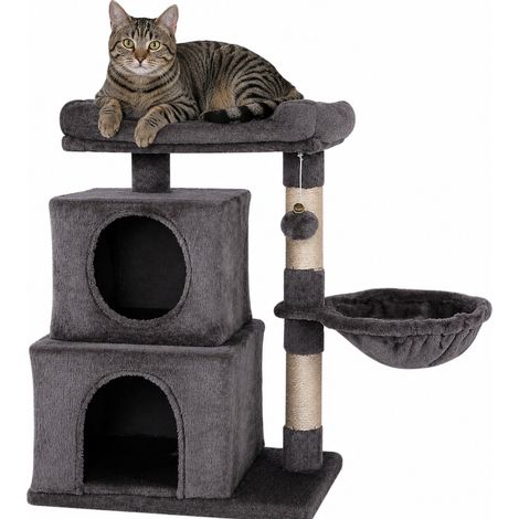 lionto Katzen Kratzbaum, 70 cm mit 2 Höhlen, Liegemulde, Liegebett & Spielball, robust & gemütlich, dunkelgrau (1/5)