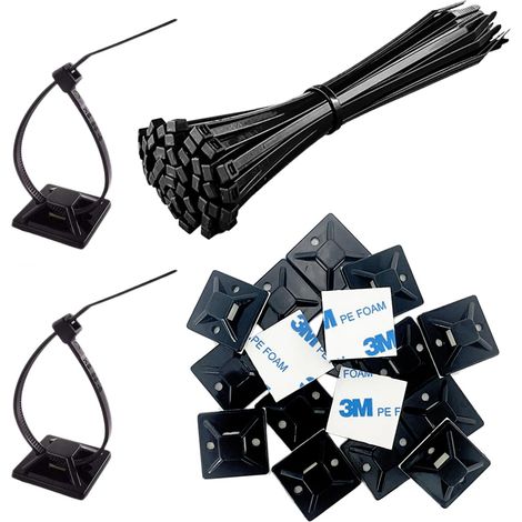 Lot de 100 supports de câbles autocollants et serre-câbles résistants aux UV - 20 x 20 mm - Pour la maison, le bureau - Noir (1/5)