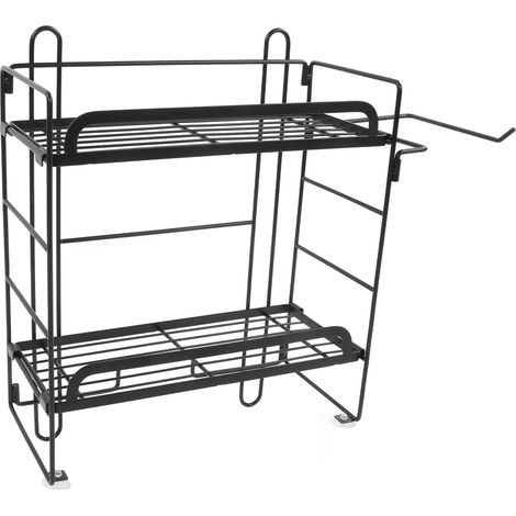 Étagère de Toilette Murale en Fer 2 Niveaux Pliante avec Crochets pour Salle de Bain Noire