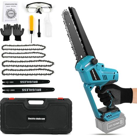 Tronçonneuse sans fil 8 et 10 pouces pour 18V (sans batterie) Mini tronçonneuse sans balais avec lubrification automatique, 2 plaques, 4 chaînes, gants, lunettes et coffret (1/5)