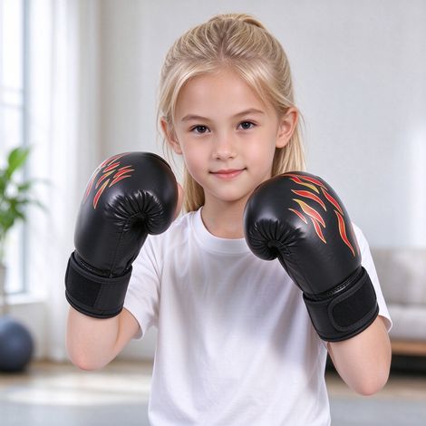 Gants de boxe enfant noirs à motif de flammes, adaptés aux enfants de 3 à 13 ans, pour l'entraînement et le sparring léger (1/2)