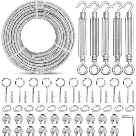 Steel Cable 3 mm Core 7 x 7 Strands, 30 m PVC Sheathed Steel Cable  WLL 730 kg, Shade Sail Tensioner Kit for Railing, Balusters, Fence, Garlands, Laundry, Curtain, Shade Sail (1/5)