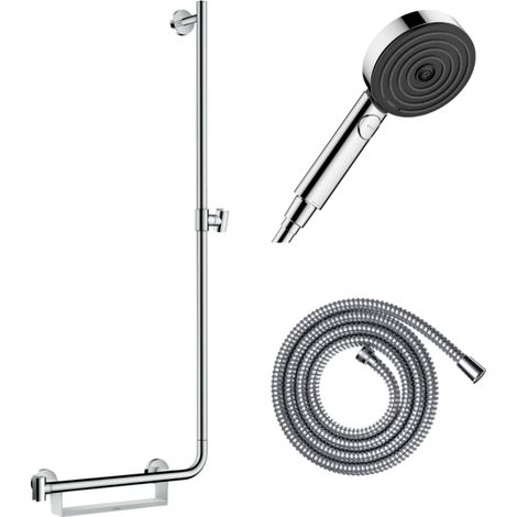 Barre de douche PMR HANSGROHE Unica 110 avec poignée à gauche Chromé + Pommeau de douche Pulsify 3 jets + flexible Metaflex 160cm