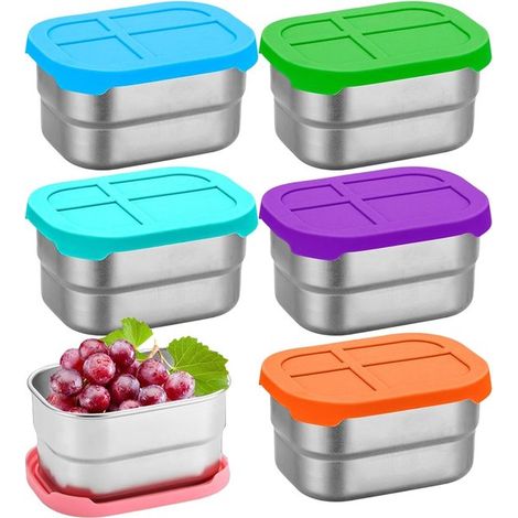 Set di 12 contenitori per snack in acciaio inox,Contenitori per alimenti a tenuta stagna da 240 ml,Coperchi in silicone per scuola e asilo nido (1/5)