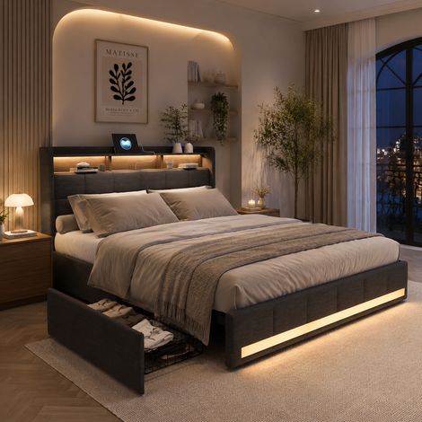 Lit coffre double adulte 180x200 cm avec éclairage LED, ports USB et Type-C, 4 tiroirs, revêtement en lin gris (1/5)