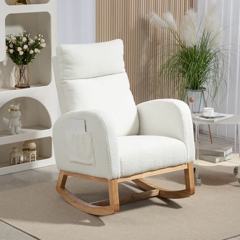 Sedia a dondolo, reclinabile, con imbottitura spessa e rivestimento confortevole, struttura in legno, portata massima 120 kg, colore bianco crema. (1/5)