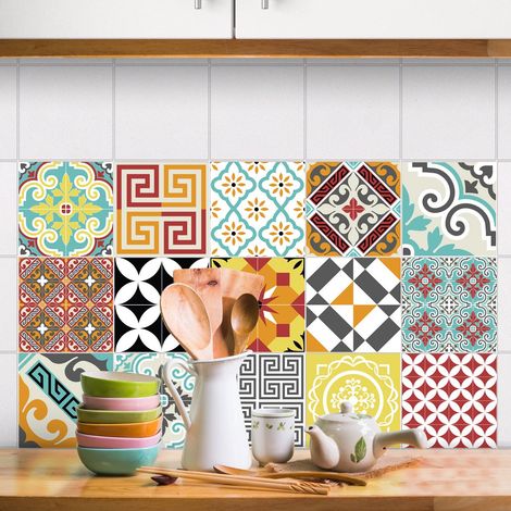 15 Stickers adhésifs carrelages Sticker Autocollant Carreaux de ciment Mosaïque carrelage mural salle de bain et cuisine Carreaux de ciment adhésif mural azulejos 15 x 15 cm 15 pièces (1/5)