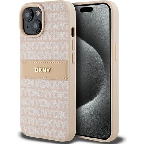 Dkny DKHCP15MPRTHSLP iPhone 15 Plus /14 Plus 6.7 estuche rígido rosa de cuero con rayas monocromáticas y logotipo de metal