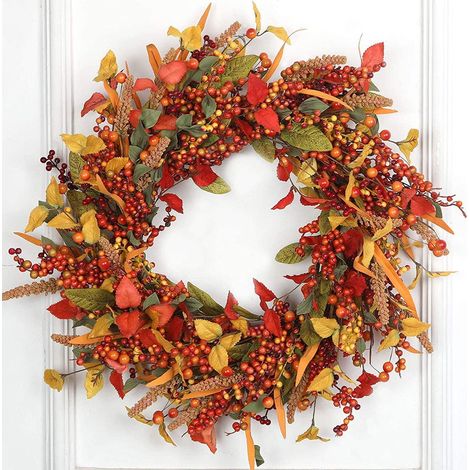 Couronne Artificielle - Baies Et Feuilles D'automne - 35 Cm - Décoration Porte D'entrée Fenêtre Cheminée - Extérieur Abrité - 1 Pièce (1/5)