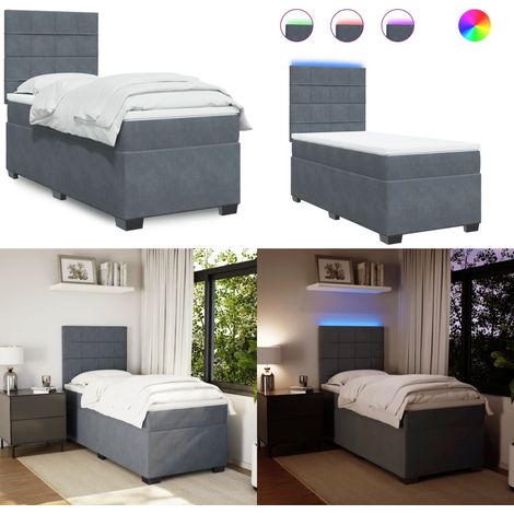 Cama box spring con colchón terciopelo gris oscuro 90x200 cm - Cama de muelles ensacados - Cama con luz LED