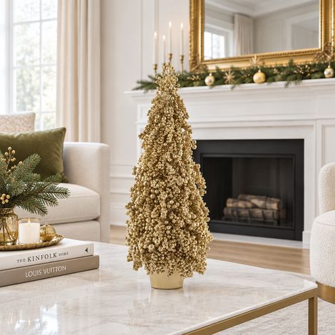 Alberello natalizio decorativo con bacche color oro per decorazioni natalizie -h 91 cm (1/4)