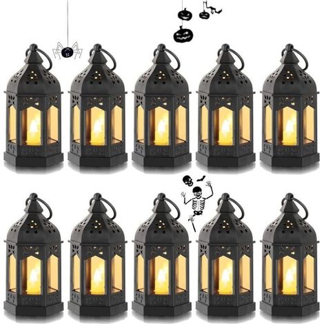 Mini-LED-Laternen für den Außenbereich – 10er-Set schwarze Deko-Kerzenlaternen für Halloween, Ramadan, Hochzeiten, Weihnachten, Tischdekoration, Batterien inklusive (dyk--Crezuo)